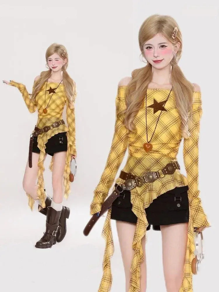 Y2K Plaid Slash Neck Vintage T-Shirt for Women, Grunge Ruffled Bodycon Top, Sexy Fairy Aesthetic Aurexia off