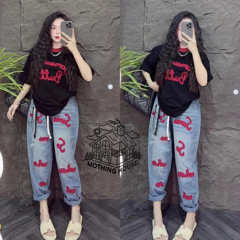 Retro Fashion Suit Women's Summer New Letter Printing Short-sleeved Milk Silk Wide-leg Pants Two-piece Set Aurexia off
