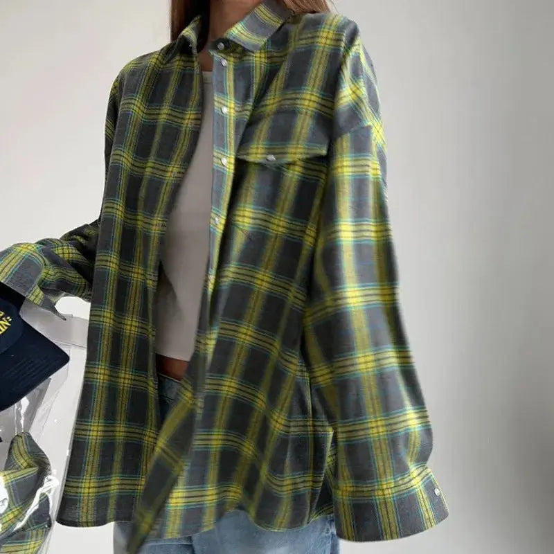 Women's Pink & Grey Plaid Flannel Shirt Button Down, Long Sleeve, Casual Streetwear Blouse for Layering Aurexia off