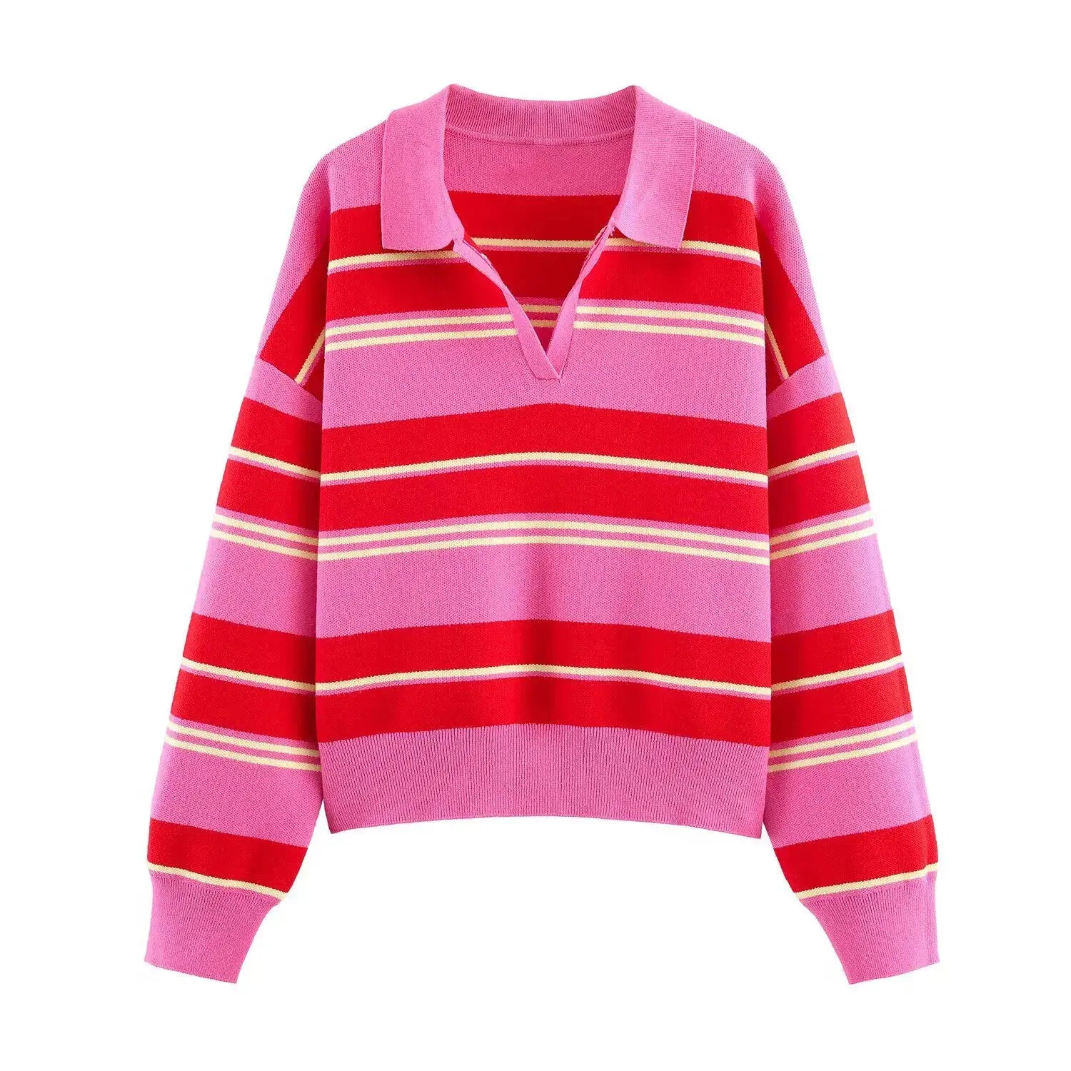 2026 Autumn New Women's Loose Long Sleeve Sweater Solid Color & Bold Stripe Lapel Top Street Fashion Long Sleeve Pullover Aurexia off