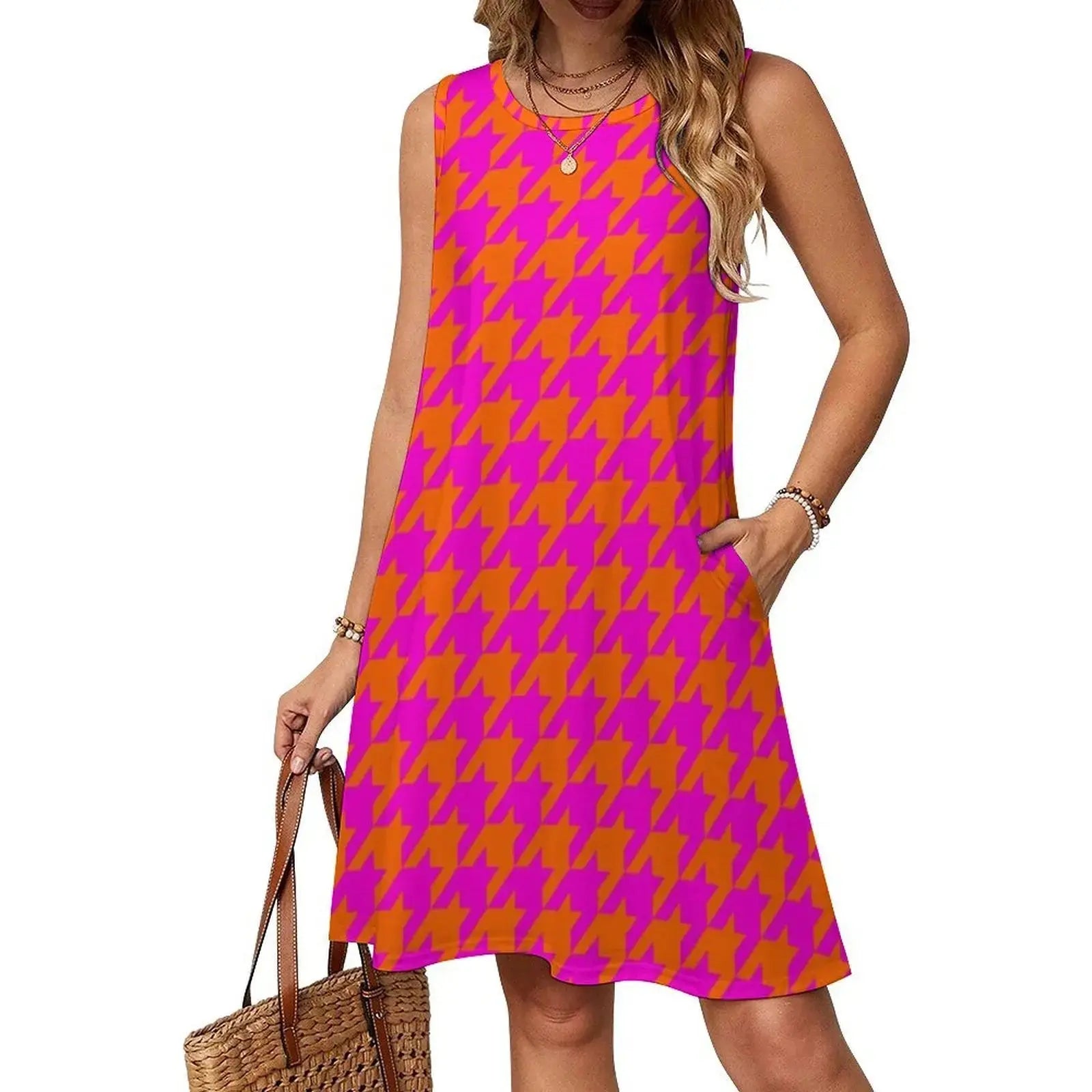 Pink & Orange Houndstooth Preppy Style Mini Dress For Women A-Line Loose Fit Casual Day Dress Large Houndstooth Dogstooth Pink Aurexia off