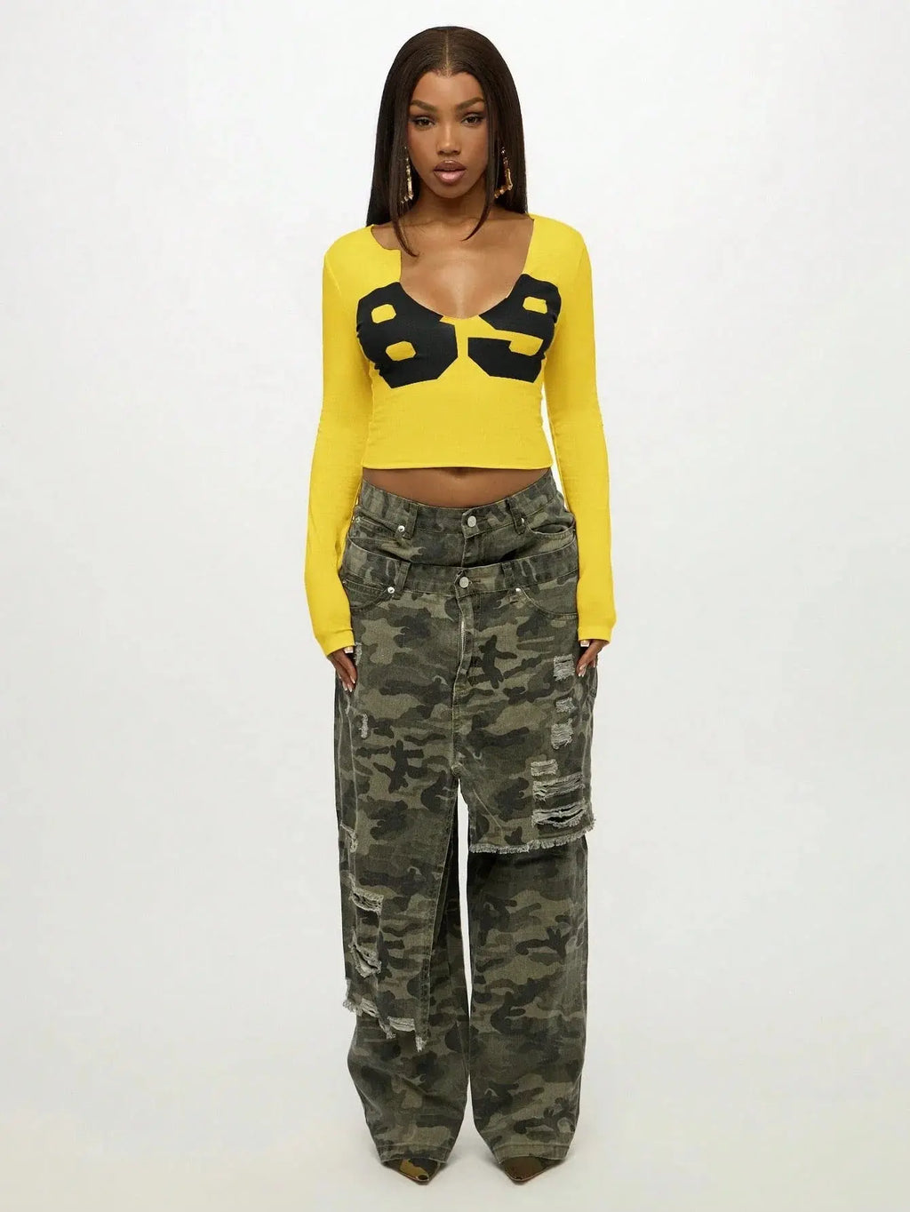 Women Long Sleeve Crop Top Graphic Print V Neck Fitted Cotton Casual Tee Aurexia off