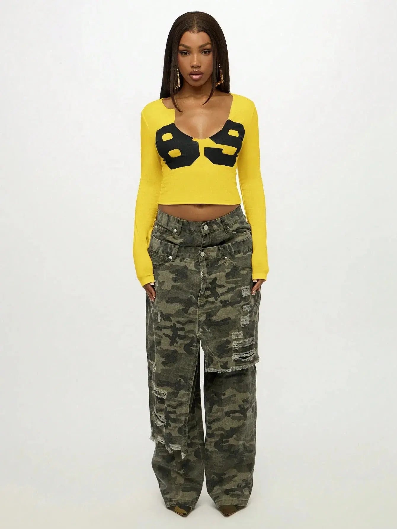 Women Long Sleeve Crop Top Graphic Print V Neck Fitted Cotton Casual Tee Aurexia off