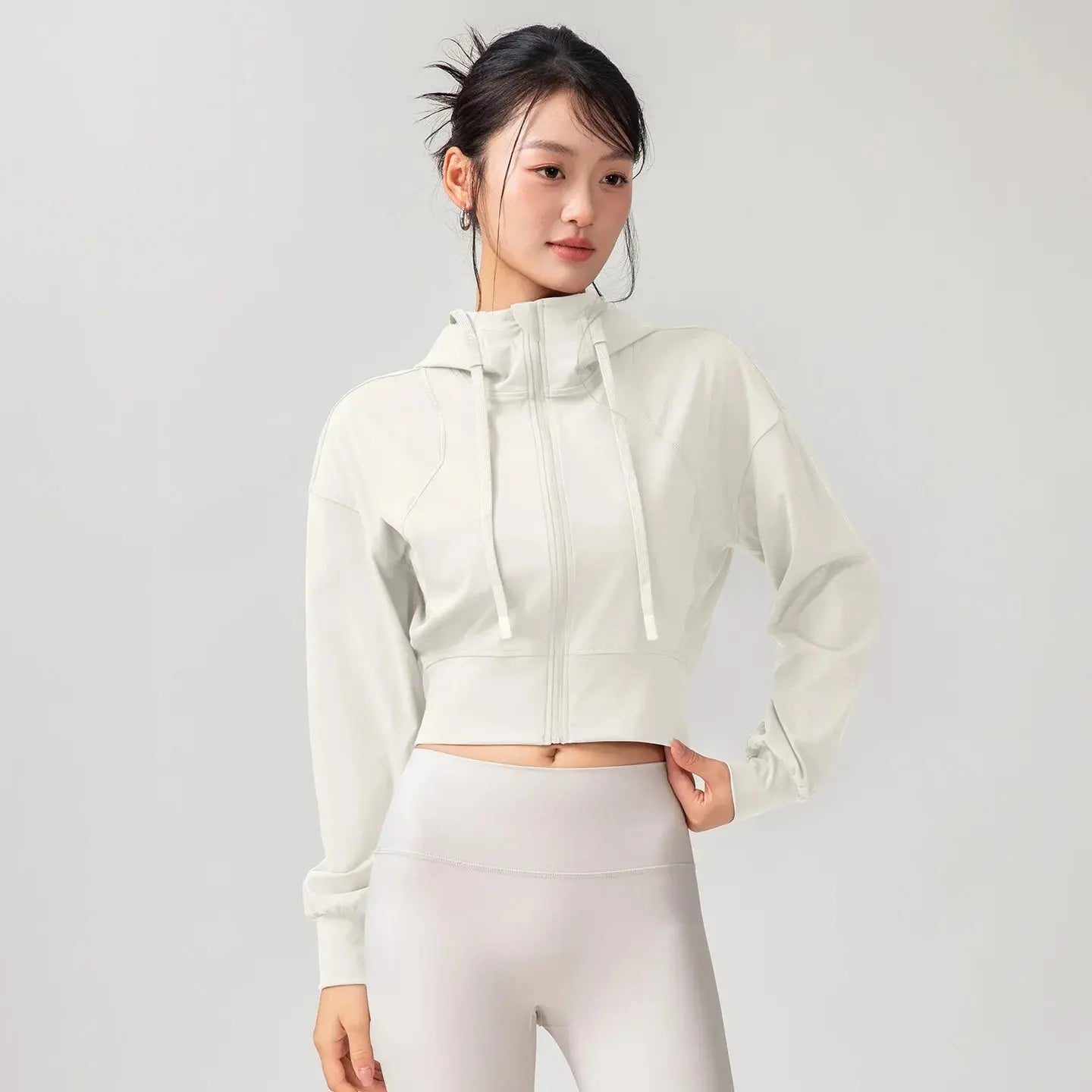 Women's Solid Color Casual Stand Collar Hooded Sports Yoga Top Leisure Simple Slim Long Sleeves Zipper Short Top Aurexia off