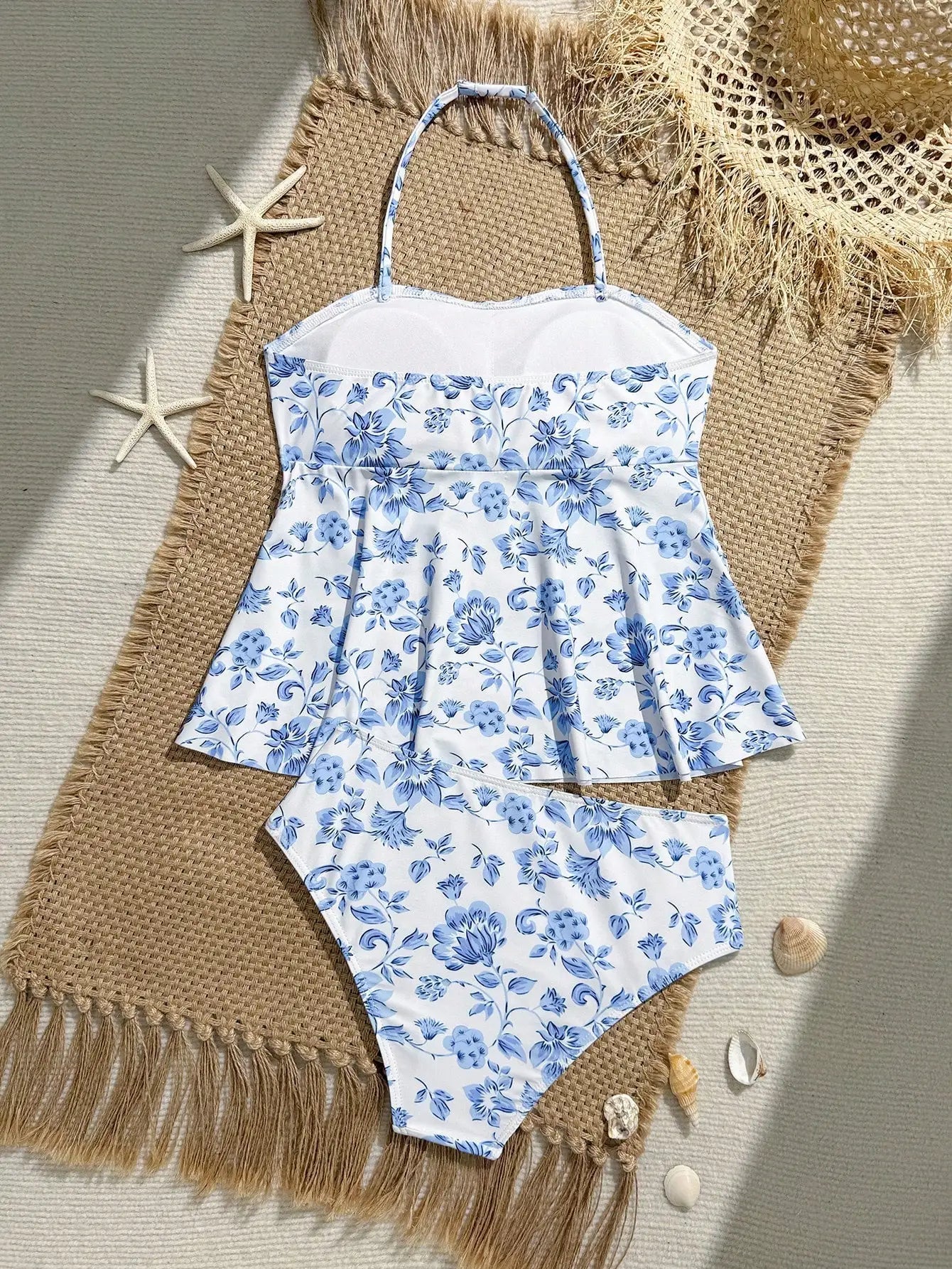 Blue Floral Tankini Set With Halter Neck And Ruffle Hem For Women Aurexia off