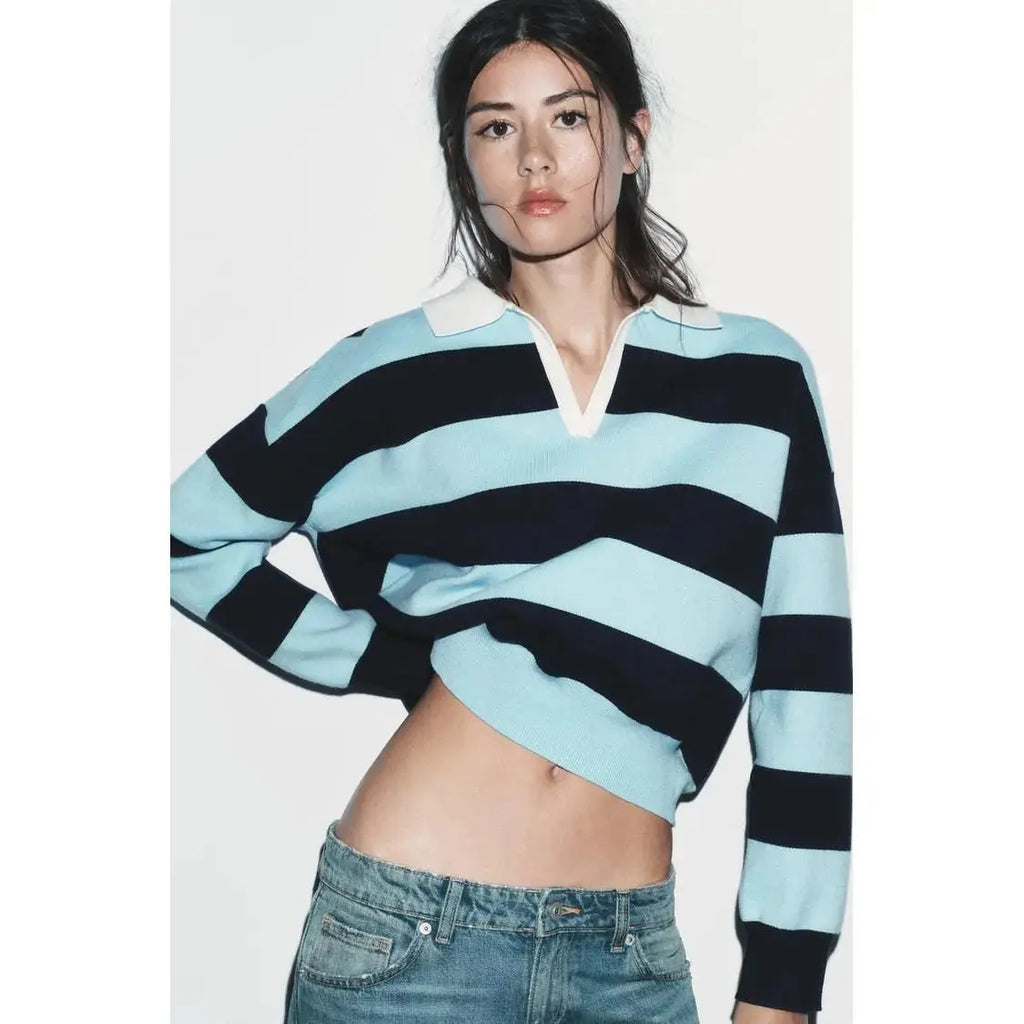 2026 Autumn New Women's Loose Long Sleeve Sweater Solid Color & Bold Stripe Lapel Top Street Fashion Long Sleeve Pullover Aurexia off
