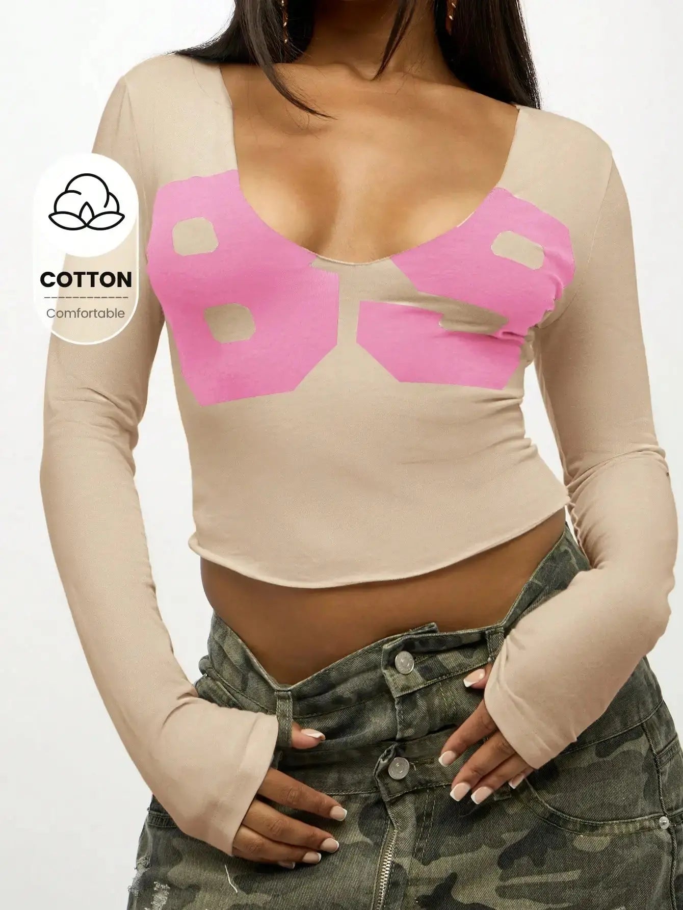 Women Long Sleeve Crop Top Graphic Print V Neck Fitted Cotton Casual Tee Aurexia off