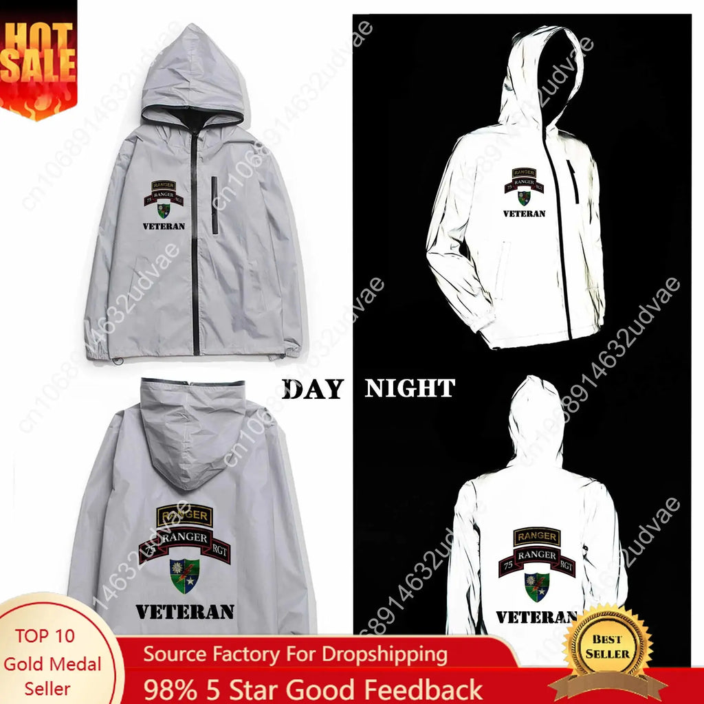 Army 75th Ranger Veteran Reflective Jacket Mens Womens Coat Hooded Windbreaker Runing Pocket Jackets Zipper Customized Hoodie Aurexia off