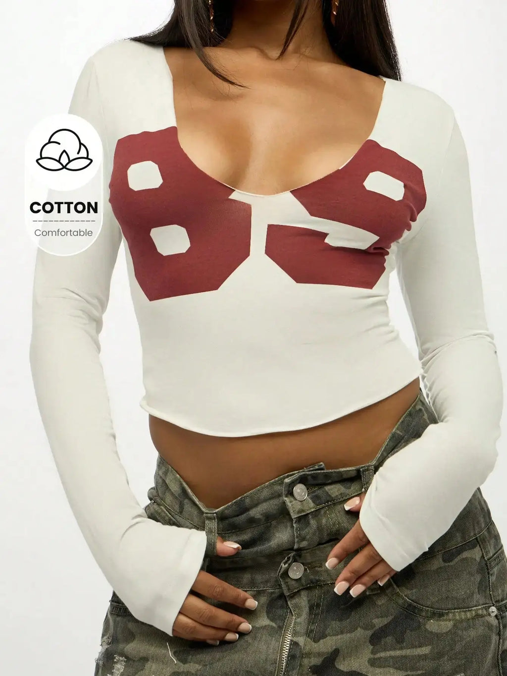 Women Long Sleeve Crop Top Graphic Print V Neck Fitted Cotton Casual Tee Aurexia off