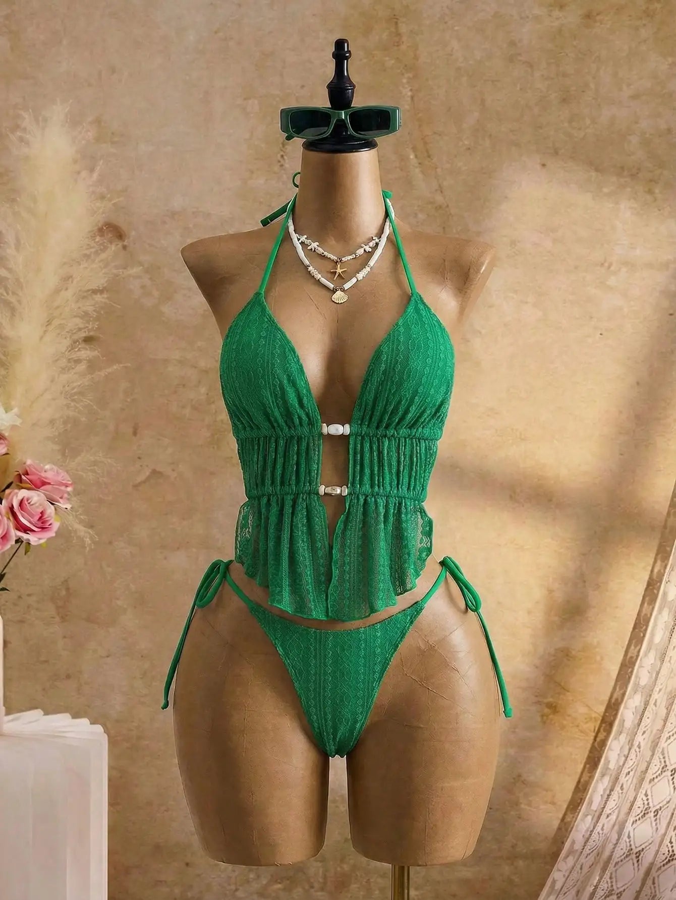 Cream Lace Halter Neck Tankini Set With Beaded Detail And Tie Side Bottoms Aurexia off