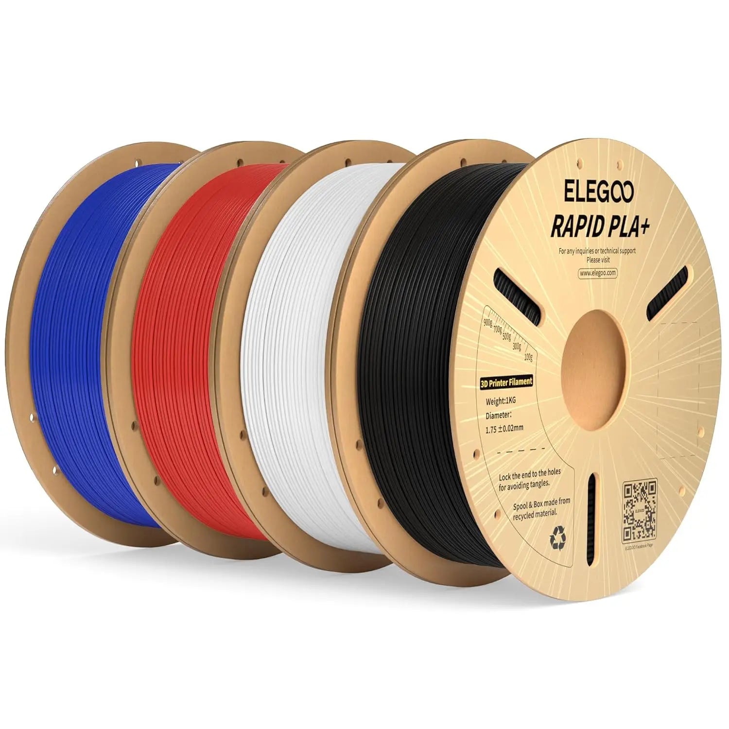 Fast Printing PLA+ 3D Printer Filament Bundle, 1.75mm, 4KG with Dimensional Accuracy +/-0.02mm, Black/White/Blue/Red Aurexia off