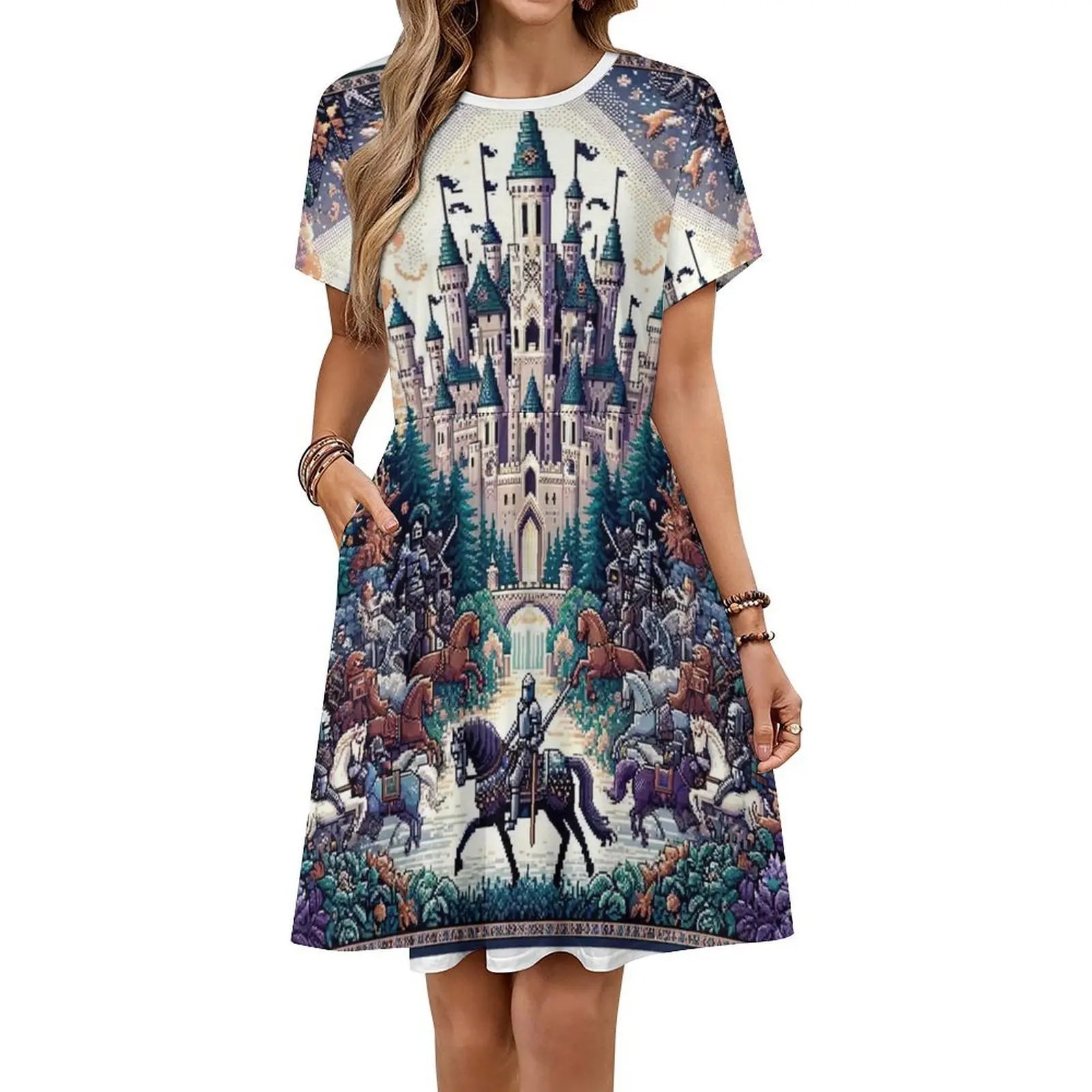 Seamless Pattern Knight Kingdom Designs And Sweetheart Neckline Dress Elegant Summer Party Dress For Women Ornate Design Vector Aurexia off