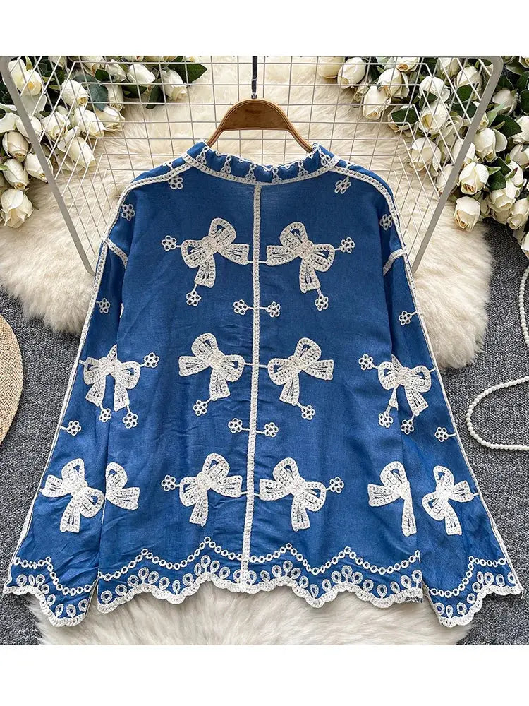 Women Spring Shirt Small Niche Retro Embroidered Single Breasted Casual Top Loose Fashionable Long Sleeved Shirt BL121 Aurexia off