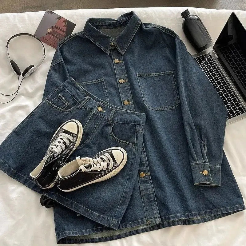 Y2K Denim Skirt Set: Vintage Japanese Style Button Jacket & Cute Mini Skirt, 2-Piece Suit Aurexia off