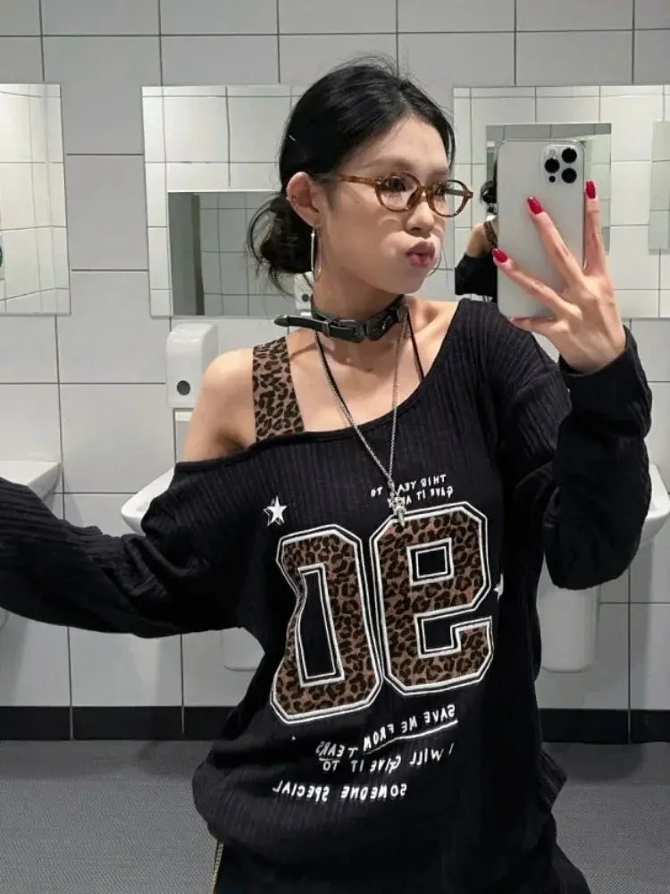 Y2K Patchwork Leopard Print T-Shirt Women Loose Streetwear Tee Grunge Casual Top Aurexia off