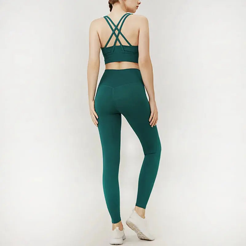 Classic women's yoga suit 2 piece set cross sling bra vest, butter touch stretch leggings gym workout dance sports suit Aurexia off