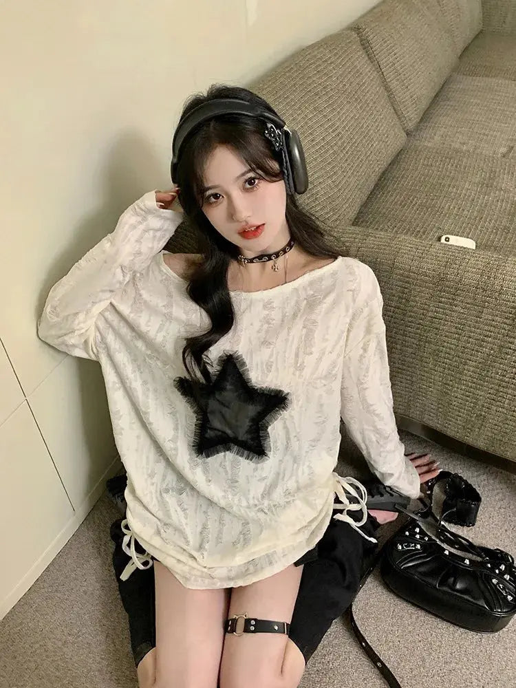 Fashion Streetwear Kpop Pullover Tops Hole Star Loose Y2K T-Shirt for Women O-Neck Drawstring Long Sleeve Top Aurexia off