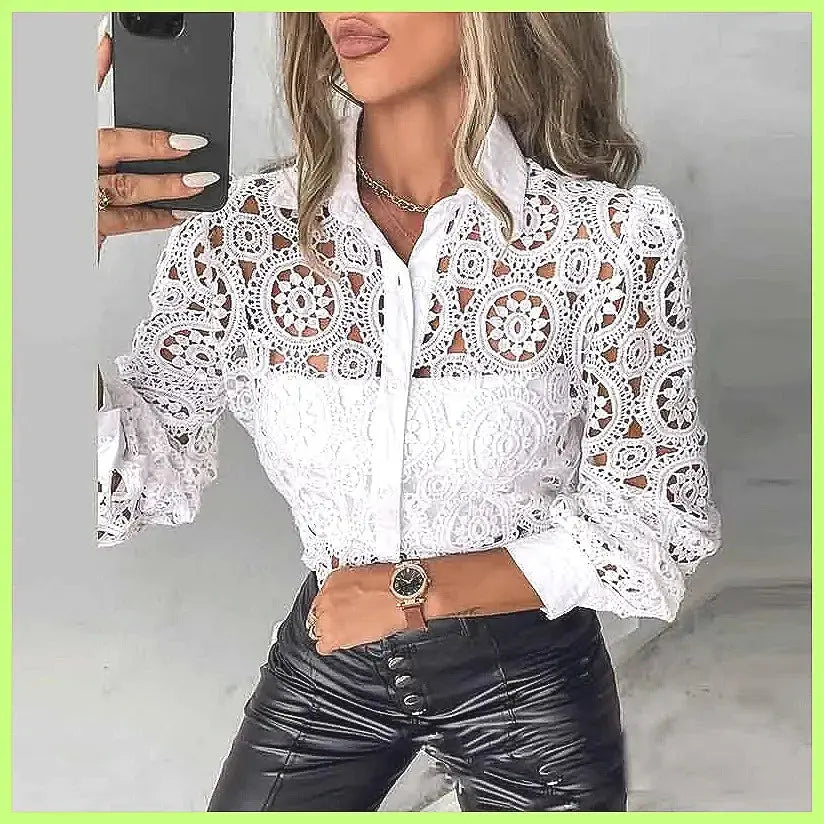 2025 Women's White Lace Shirt, Elegant Hollow Out Vintage Top Long Sleeve Blouse Aurexia off