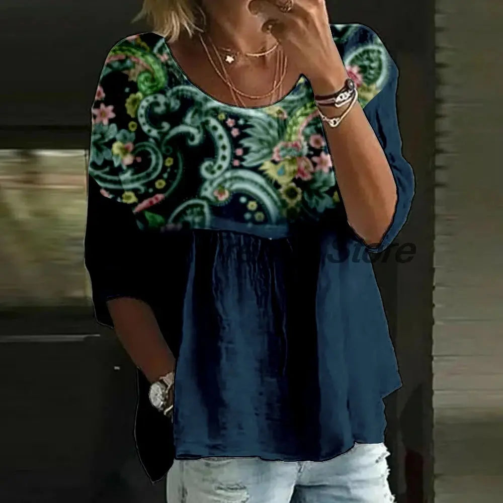 Women's Casual Floral Print 3/4 Sleeve Blouse Loose Fit Crew Neck Tunic Tops Lady's Top Shirts Aurexia off