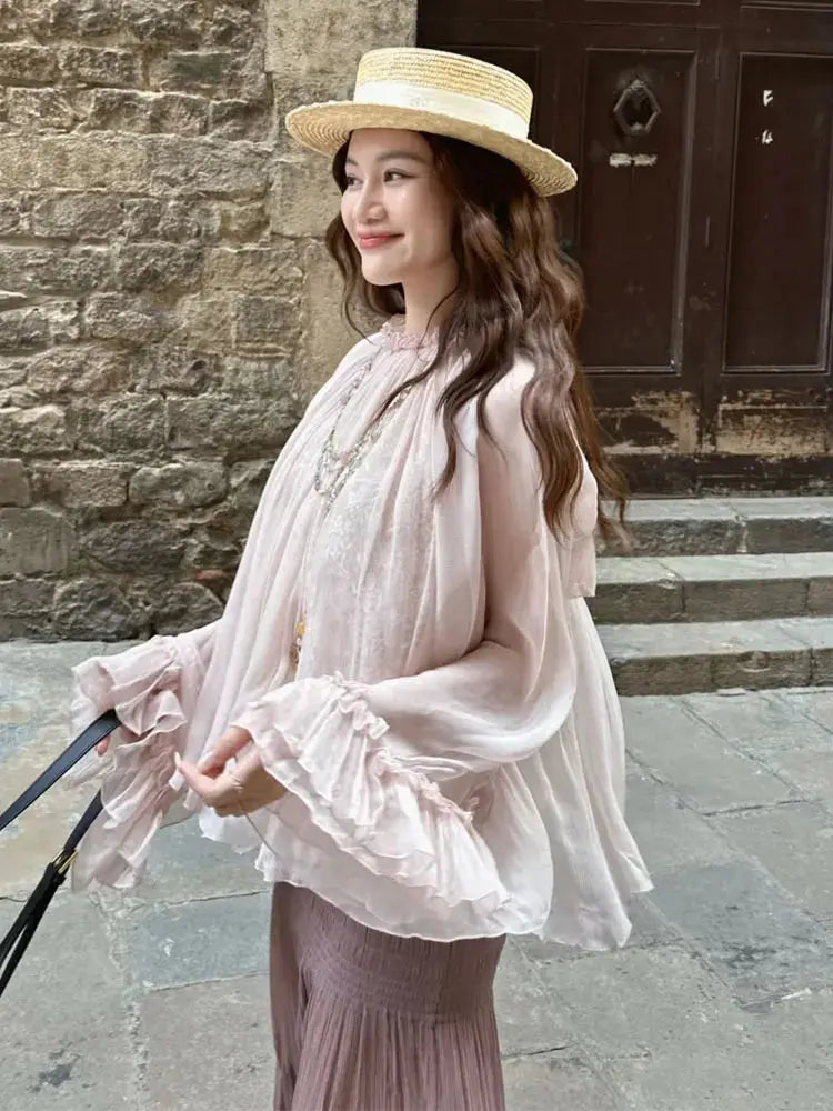 Lace ruffled loose top, stylish and high-end, versatile pink tops for women in 2026 summer collection Aurexia off