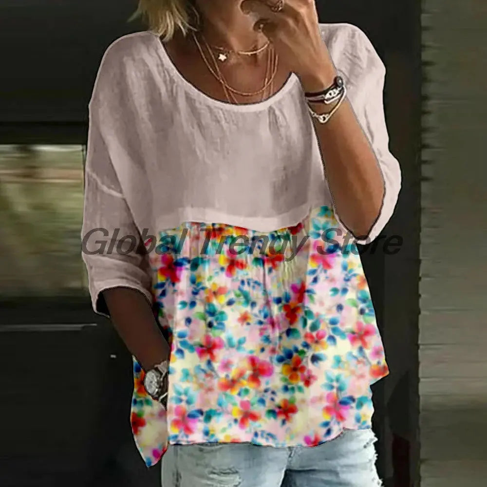Women's Casual Floral Print 3/4 Sleeve Blouse Loose Fit Crew Neck Tunic Tops Lady's Top Shirts Aurexia off