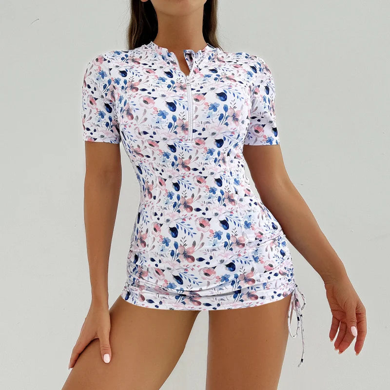 Women's Printed Zipper Design Conservative Sporty Two-Piece Tankini Swimsuit, Stylish Swimwear for Beach & Pool Aurexia off