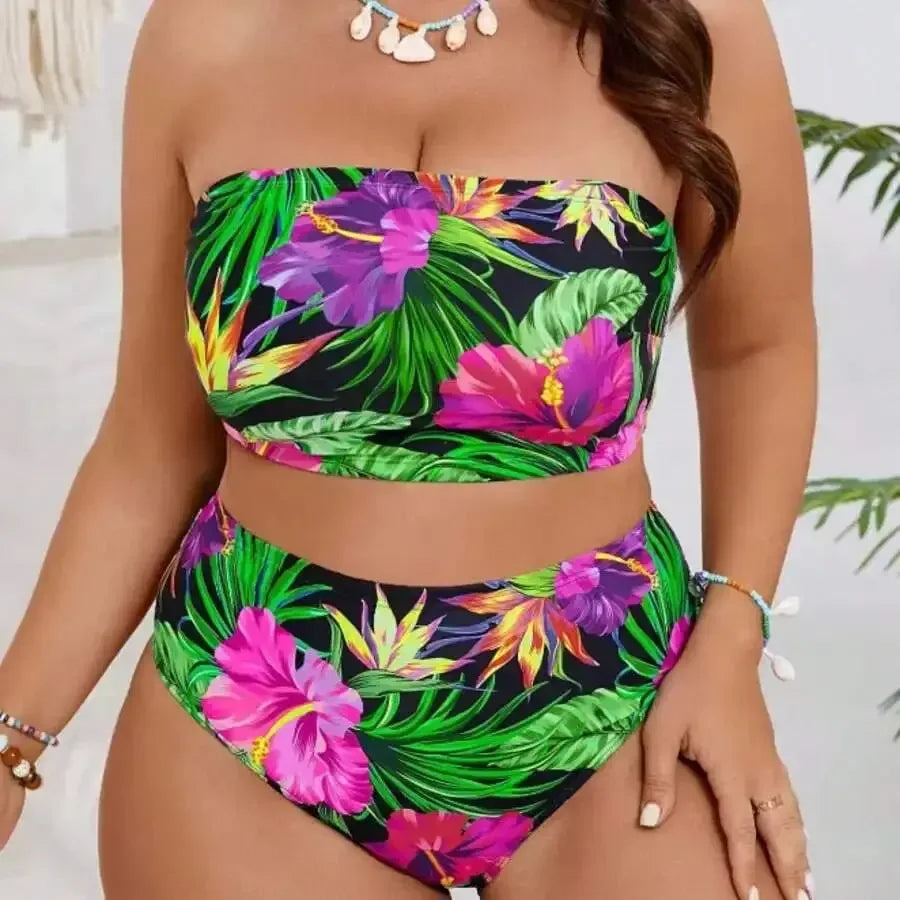 Plus Size V Neck Floral High Waisted Bikini Set Medium Stretch Fabric Aurexia off
