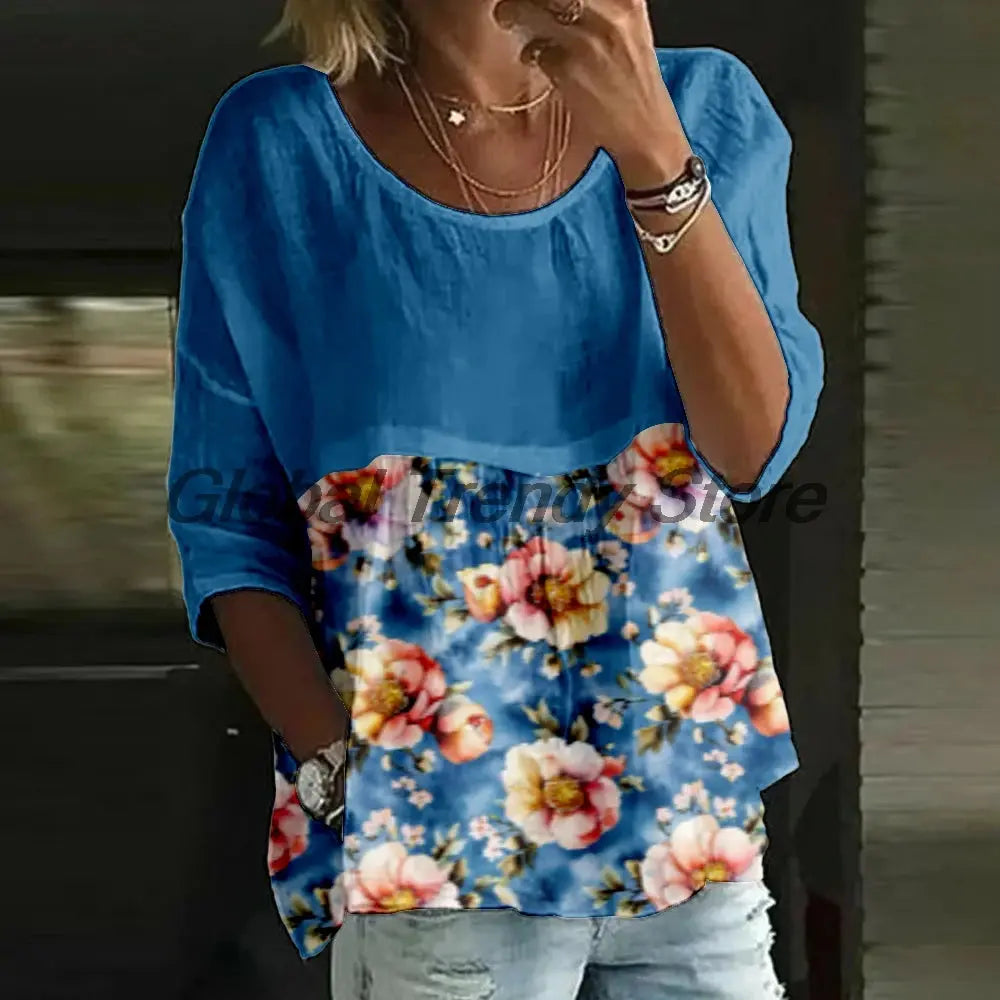 Women's Casual Floral Print 3/4 Sleeve Blouse Loose Fit Crew Neck Tunic Tops Lady's Top Shirts Aurexia off
