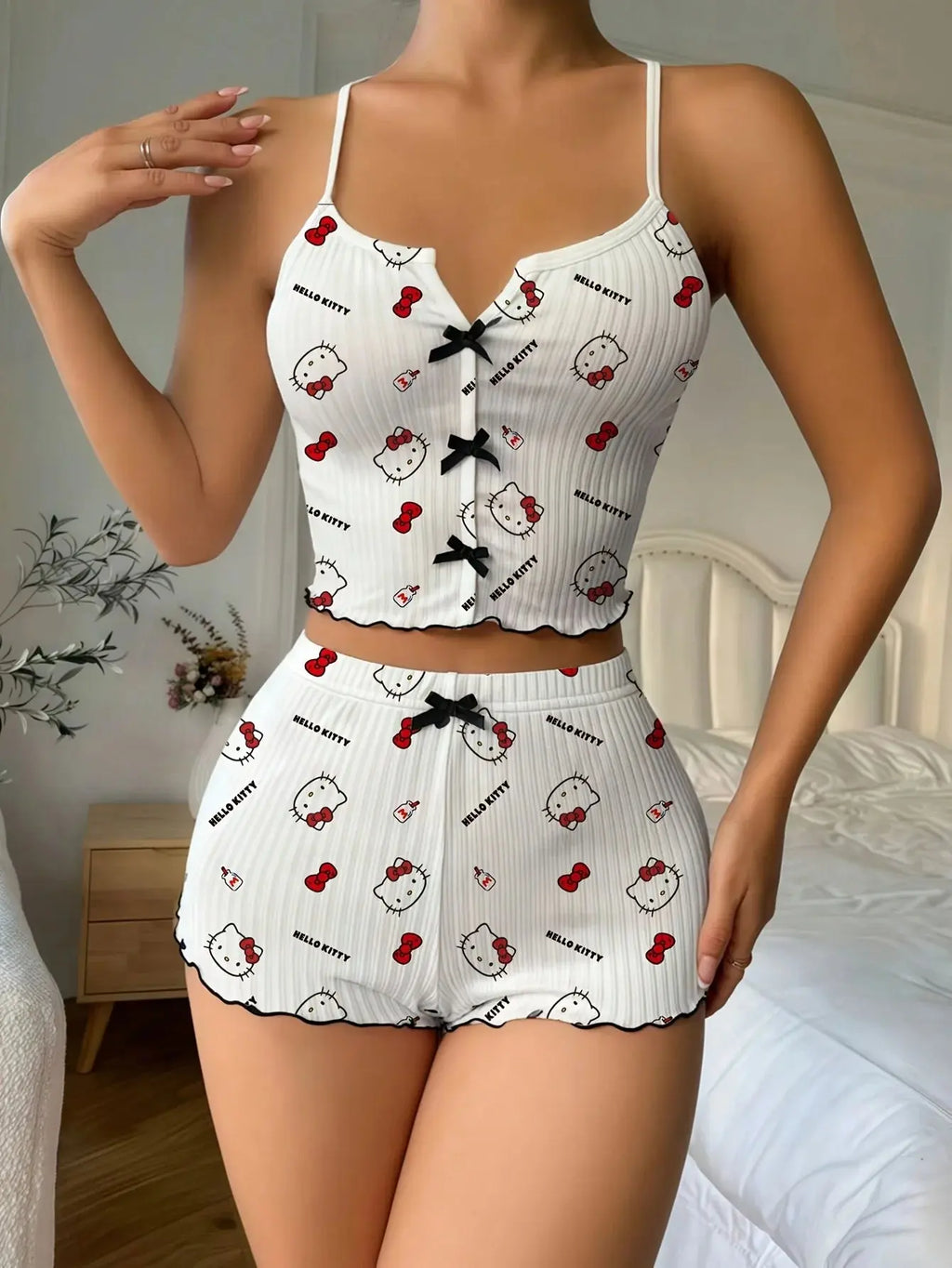 Sanrio Hello Kitty Bowknot Suspender Top Shorts Casual 2pcs Pajama Set Fashionable Thin Shoulder Strap Sexy Sleepwear Soft Pj Aurexia off