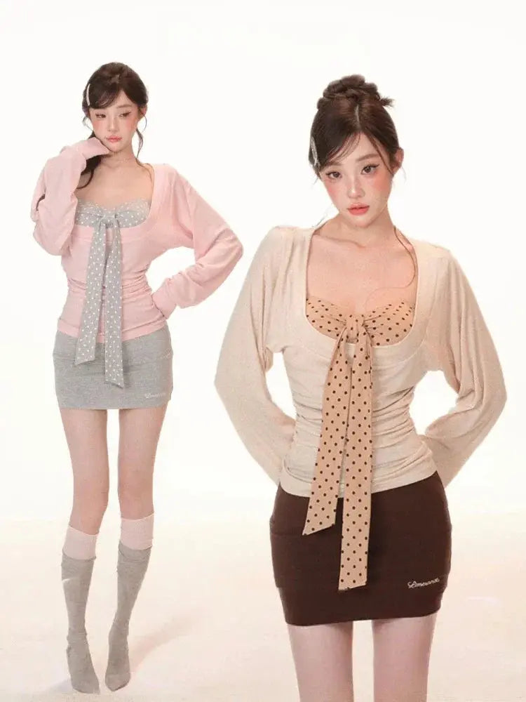 Y2K Two Piece Set: Sexy Pleated Top & Polka Dot Strapless Vest, Fairy Grunge Suit Aurexia off