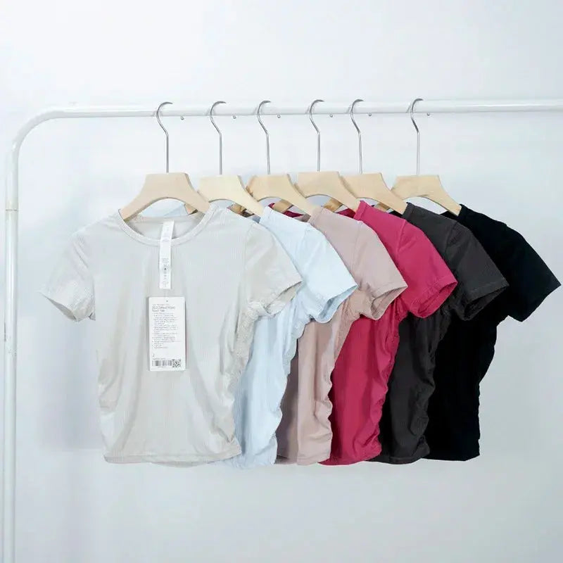 Ribbed Tight Shirt Sexy Waist Shaping Cropped Top Short Sleeve Shirts Women Gym T-shirt Breathable Yoga Clothes Aurexia off