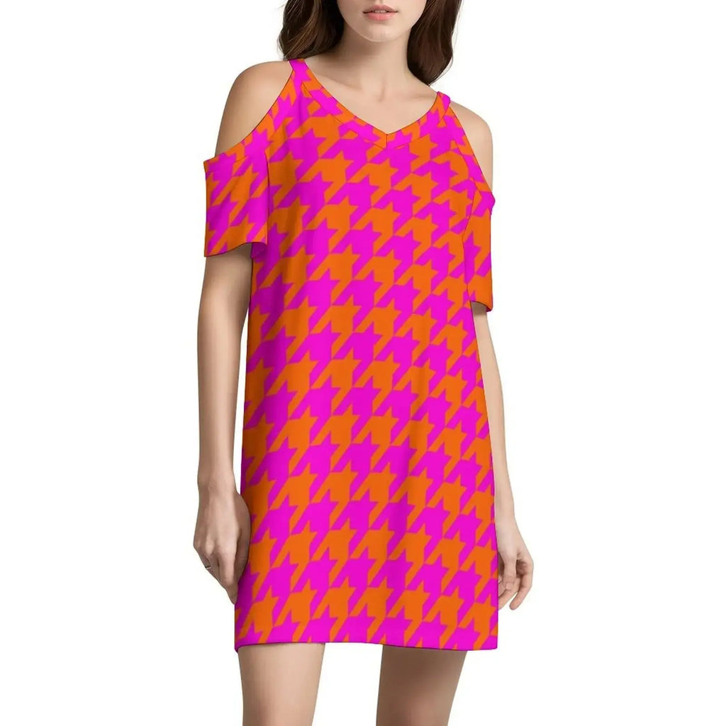Pink & Orange Houndstooth Preppy Style Mini Dress For Women A-Line Loose Fit Casual Day Dress Large Houndstooth Dogstooth Pink Aurexia off