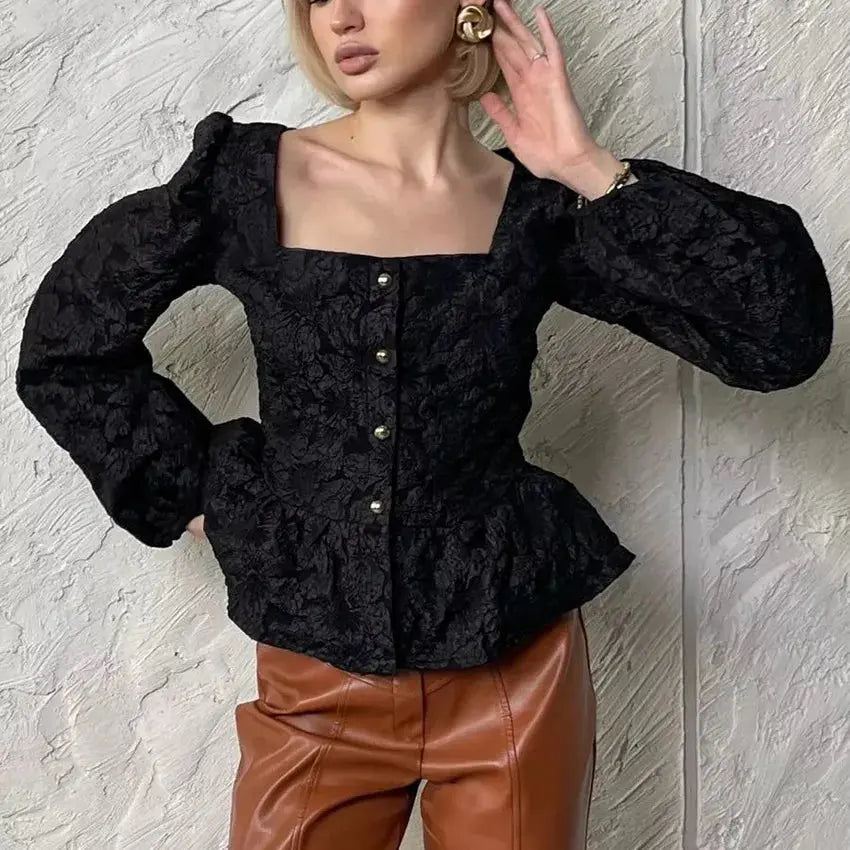 Ladies Elegant Jacquard Square Neck Puff Sleeve Blouse, Button Front Peplum Top for Party, Office and Daily Wear Aurexia off