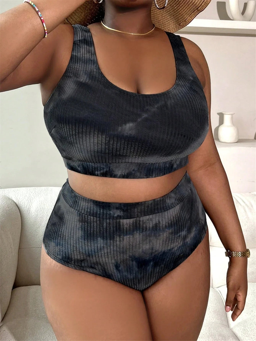 Plus Size Tie Dye Ribbed Tankini Set Casual Beach Swimwear Aurexia off