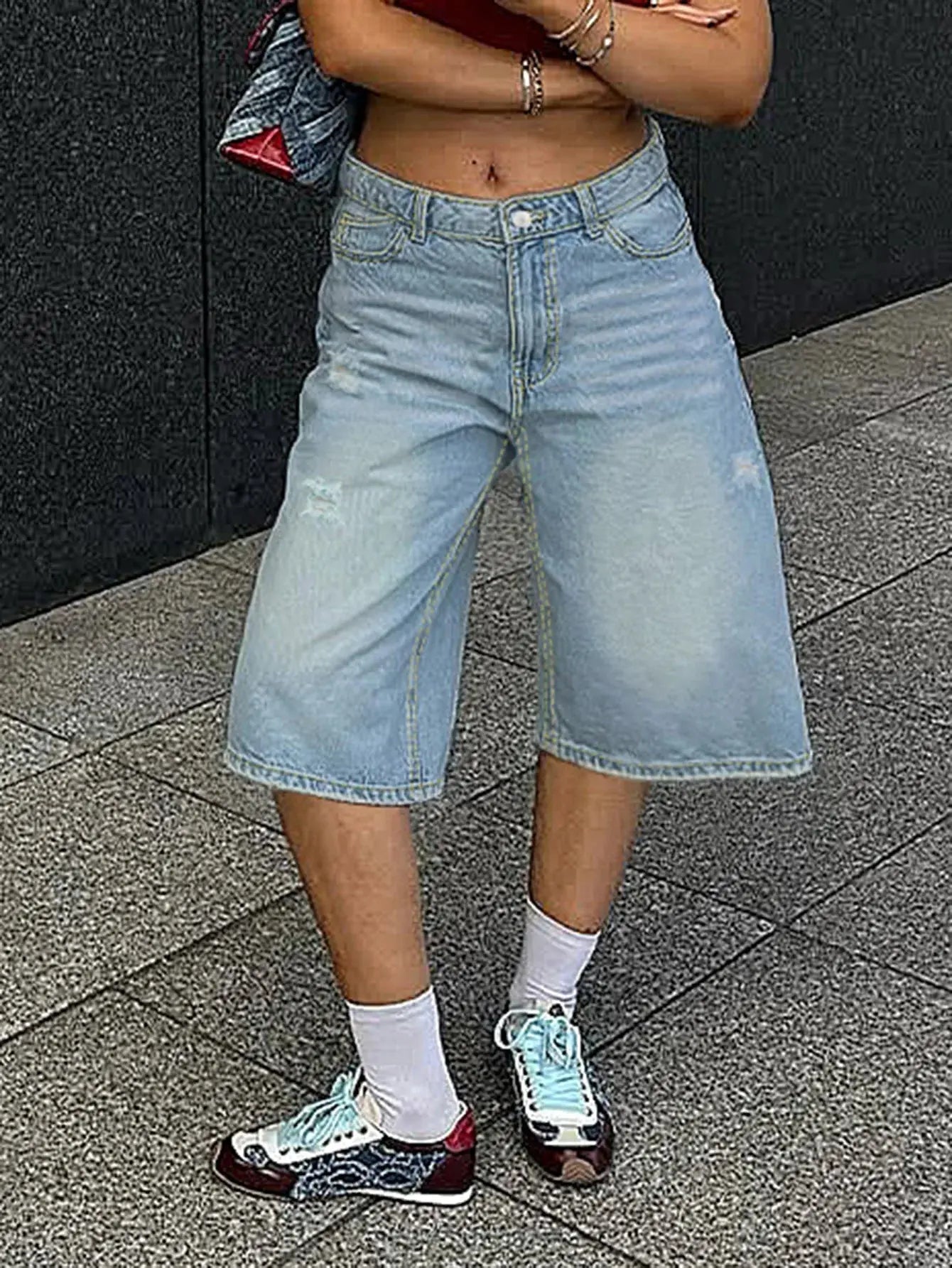 Retro Trend Ripped Denim Shorts Women's Fashion Loose Straight Five-Point Pants Aurexia off