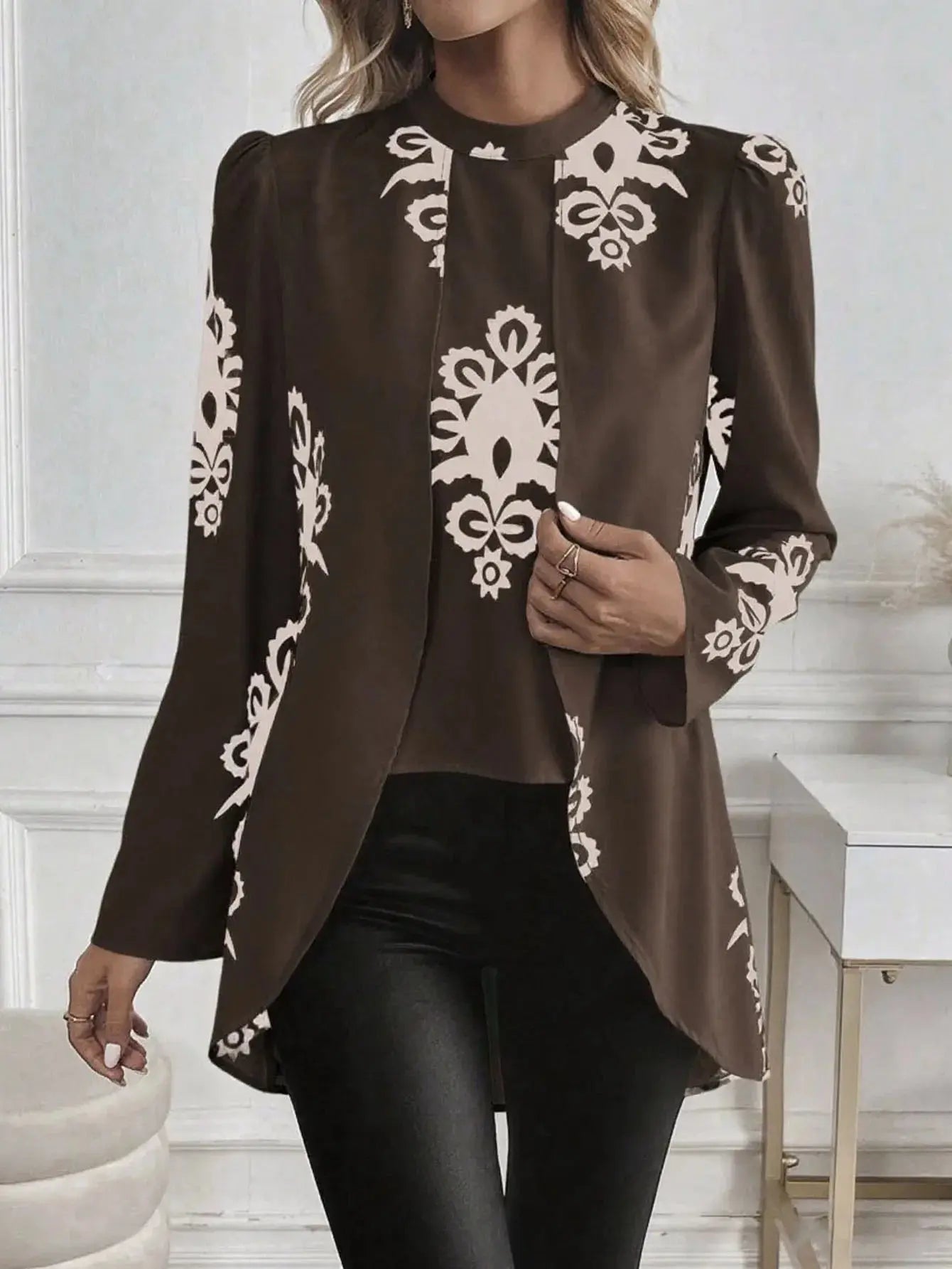 2026 Fashion Women's Long Sleeve Print Blouse, Elegant Office Top with Fake Two-Piece Design Aurexia off