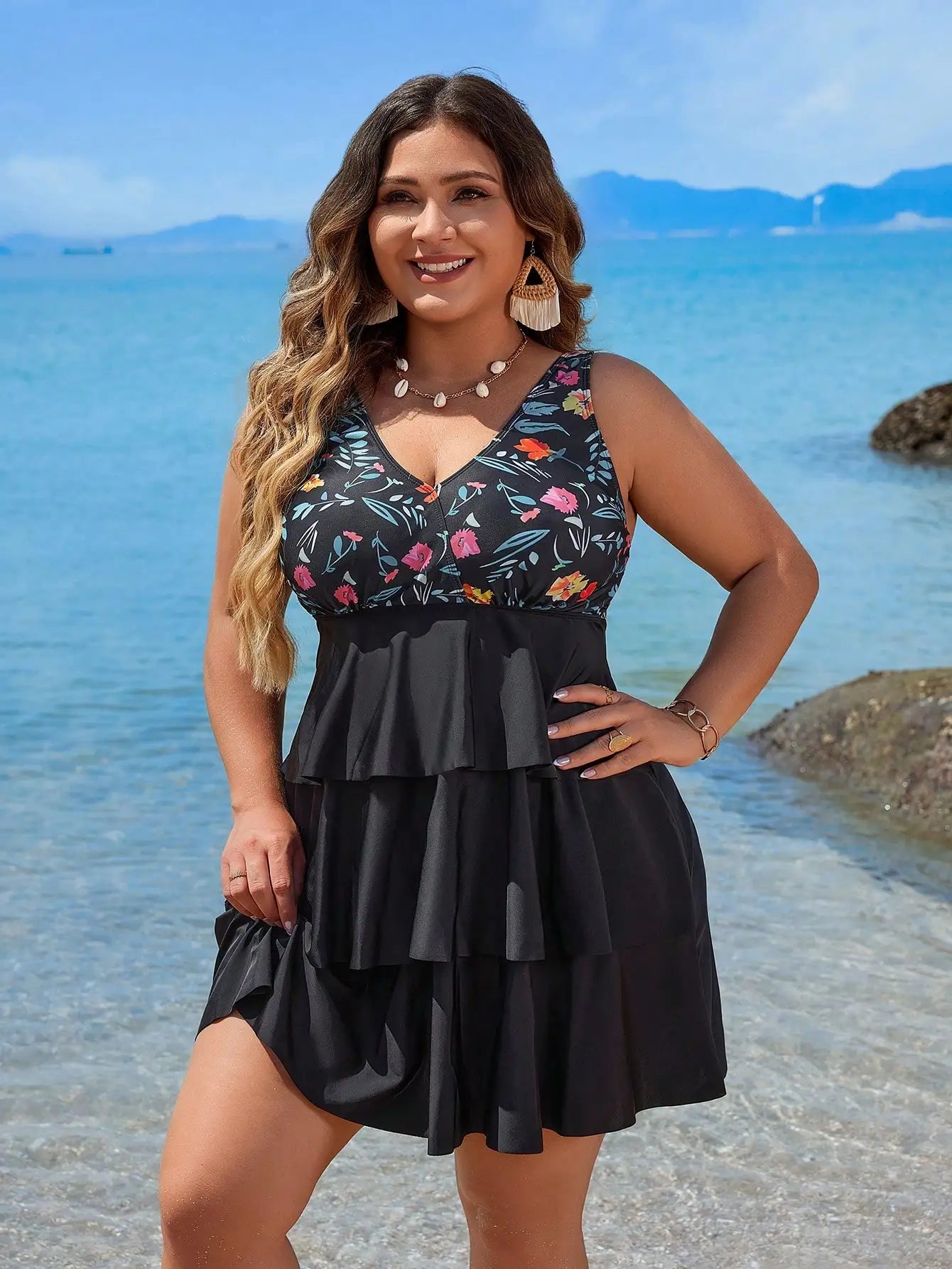 Plus Size Women Floral Print Sleeveless Tankini Swimsuit For Beach Vacation Aurexia off