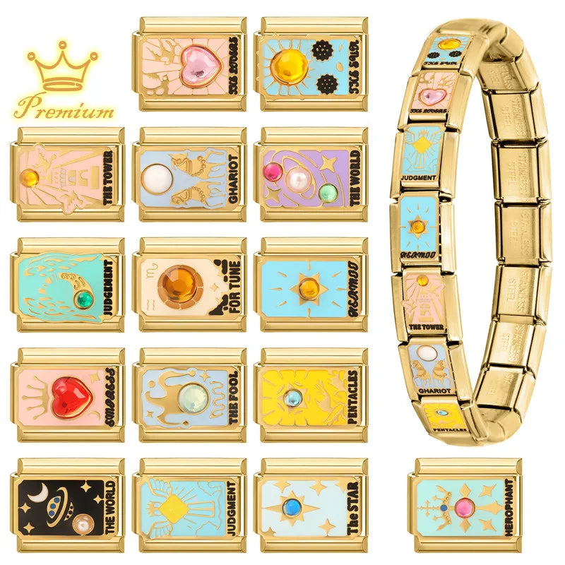 New Original Golden Tarot Cards Zircon DIY Italian Charm Bracelet Stainless Steel Women Jewelry DIY Making Gifts Drop Shipping Aurexia off
