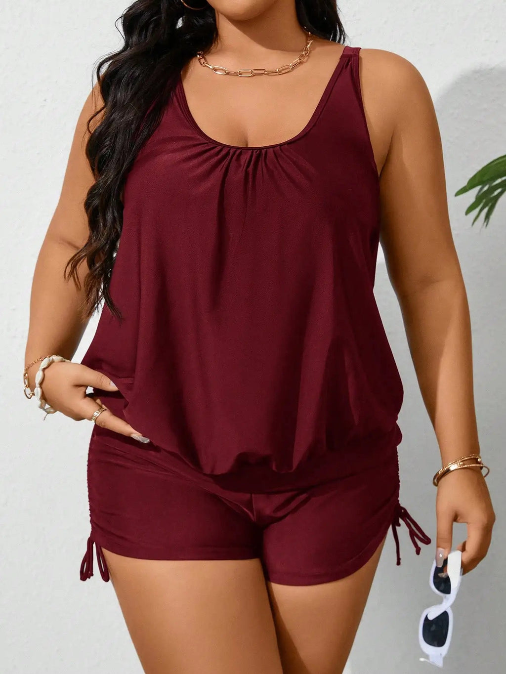 Plus Size Summer Beach Solid Sleeveless Ruched Tankini Set Aurexia off