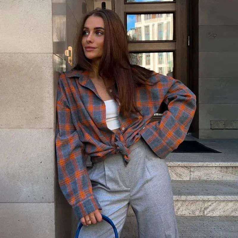 Women's Pink & Grey Plaid Flannel Shirt Button Down, Long Sleeve, Casual Streetwear Blouse for Layering Aurexia off
