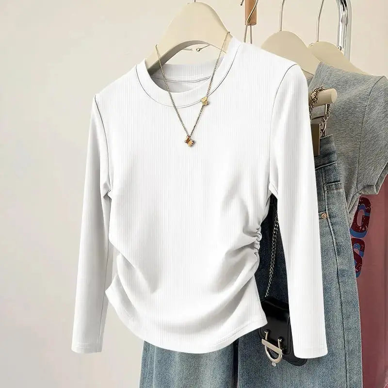 Spring and Autumn Women's Threaded T-shirt Top Soft Solid Color Round Neck Long Sleeve Fashionable Slimming Bottom Shirt Aurexia off