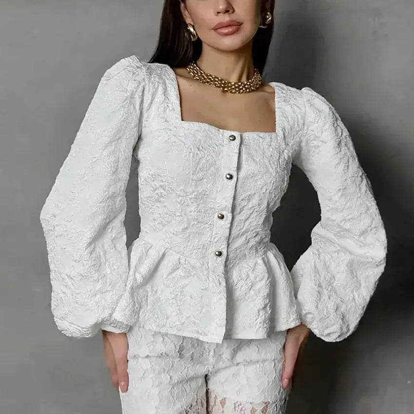 Ladies Elegant Jacquard Square Neck Puff Sleeve Blouse, Button Front Peplum Top for Party, Office and Daily Wear Aurexia off