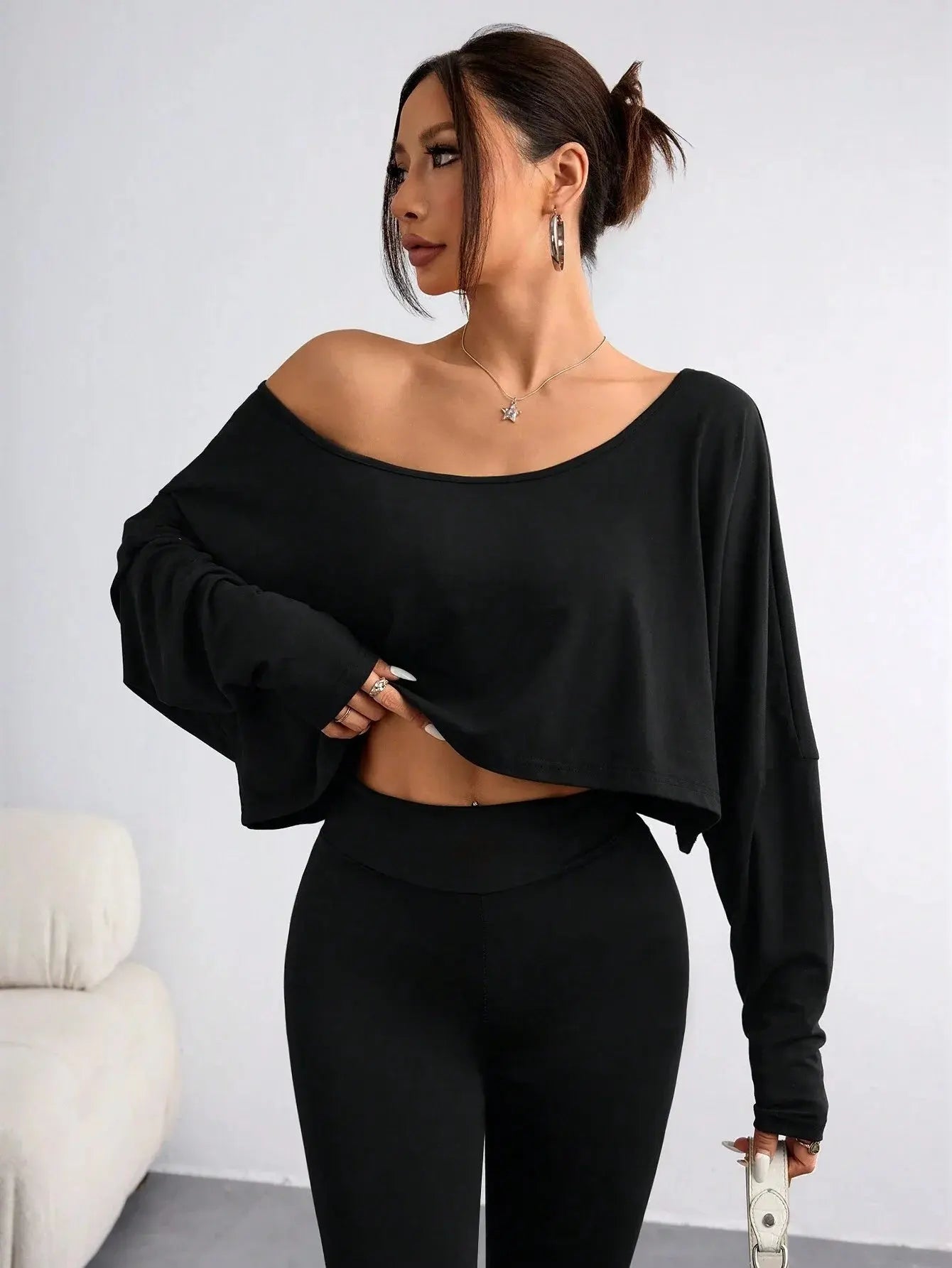 Women Casual Solid Batwing Cropped Off Shoulder T-Shirt Spring Autumn Aurexia off