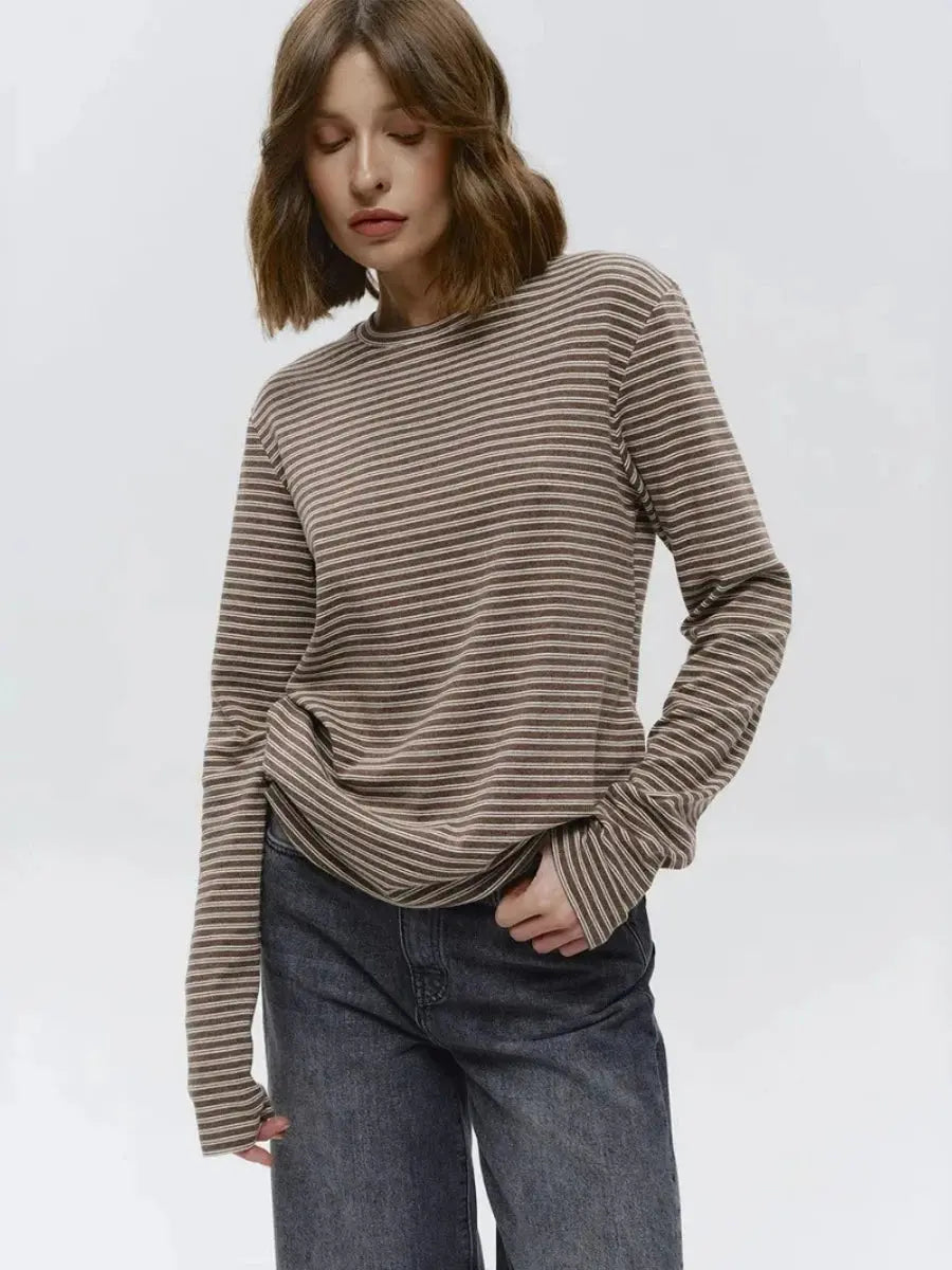 Bornladies Autumn New Fashion Women Cotton Striped Long Sleeve T Shirt Office Casual Simple Round Neck Pullover Tops & Tees Aurexia off