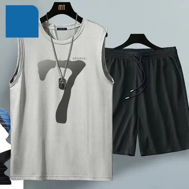 Summer sleeveless basketball jersey, casual wear, breathable short-sleeved two-piece sports shirt + running shorts Aurexia off