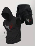 Men's 2 Piece Black Sleeveless Hooded Vest & Shorts Set, Bull Print Gym Tracksuit, Breathable Spring Summer Workout Fitness Wear Aurexia off