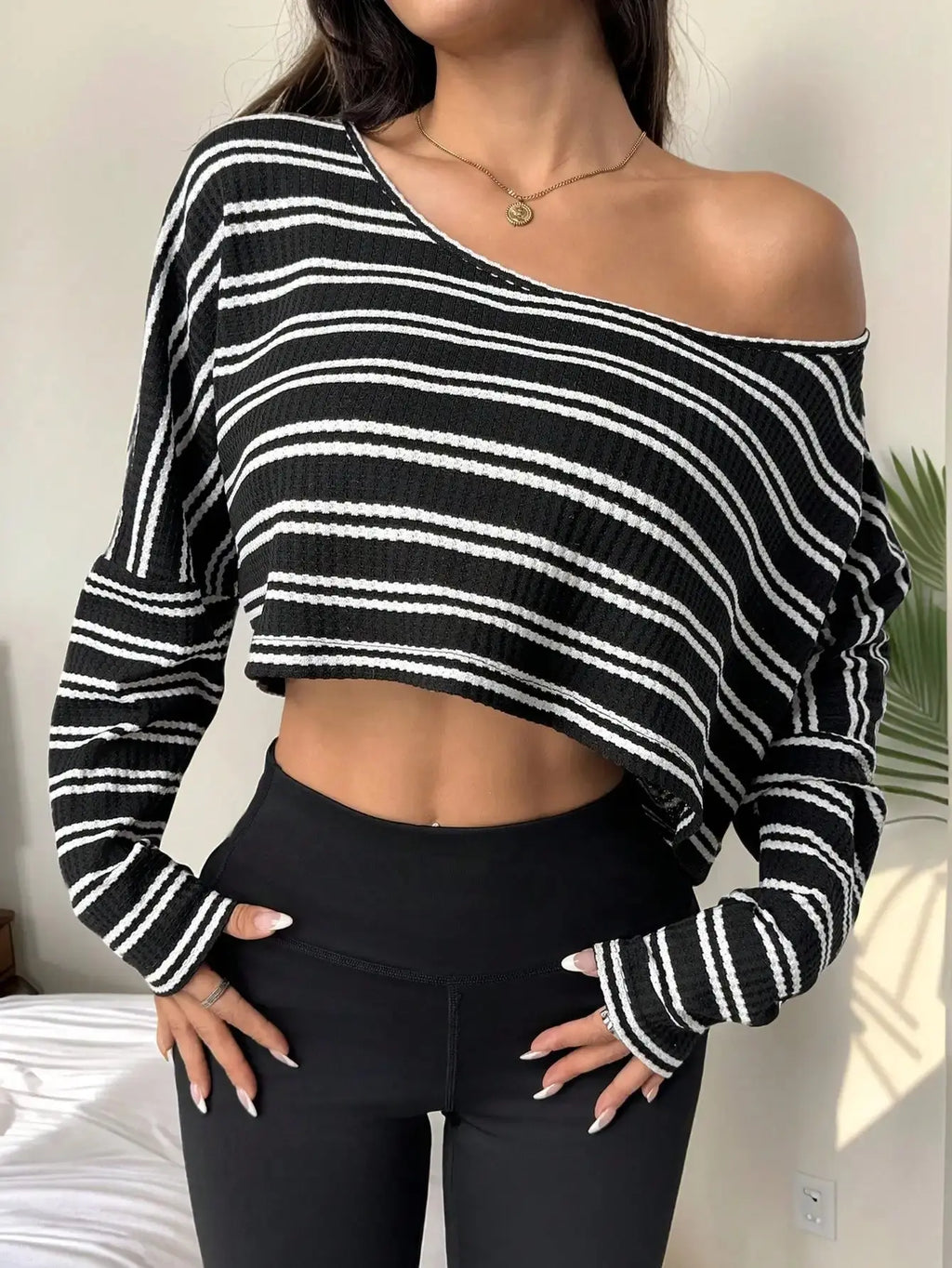 Women Casual Solid Batwing Cropped Off Shoulder T-Shirt Spring Autumn Aurexia off