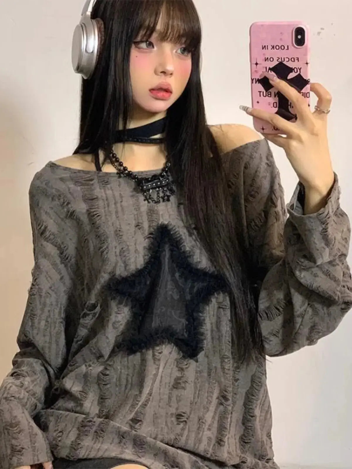 Fashion Streetwear Kpop Pullover Tops Hole Star Loose Y2K T-Shirt for Women O-Neck Drawstring Long Sleeve Top Aurexia off
