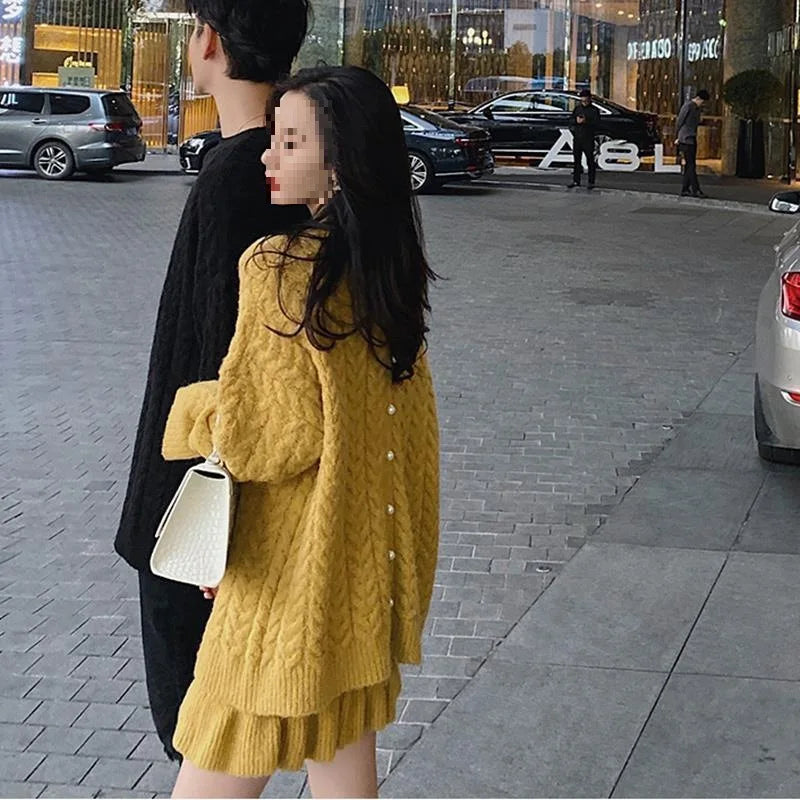 PremiumKoreanWinterStyle Set Thick Textured Knit Set Cozy Oversized Pullover Set Fashionable Pleated MiniSkirt Outfit Aurexia off