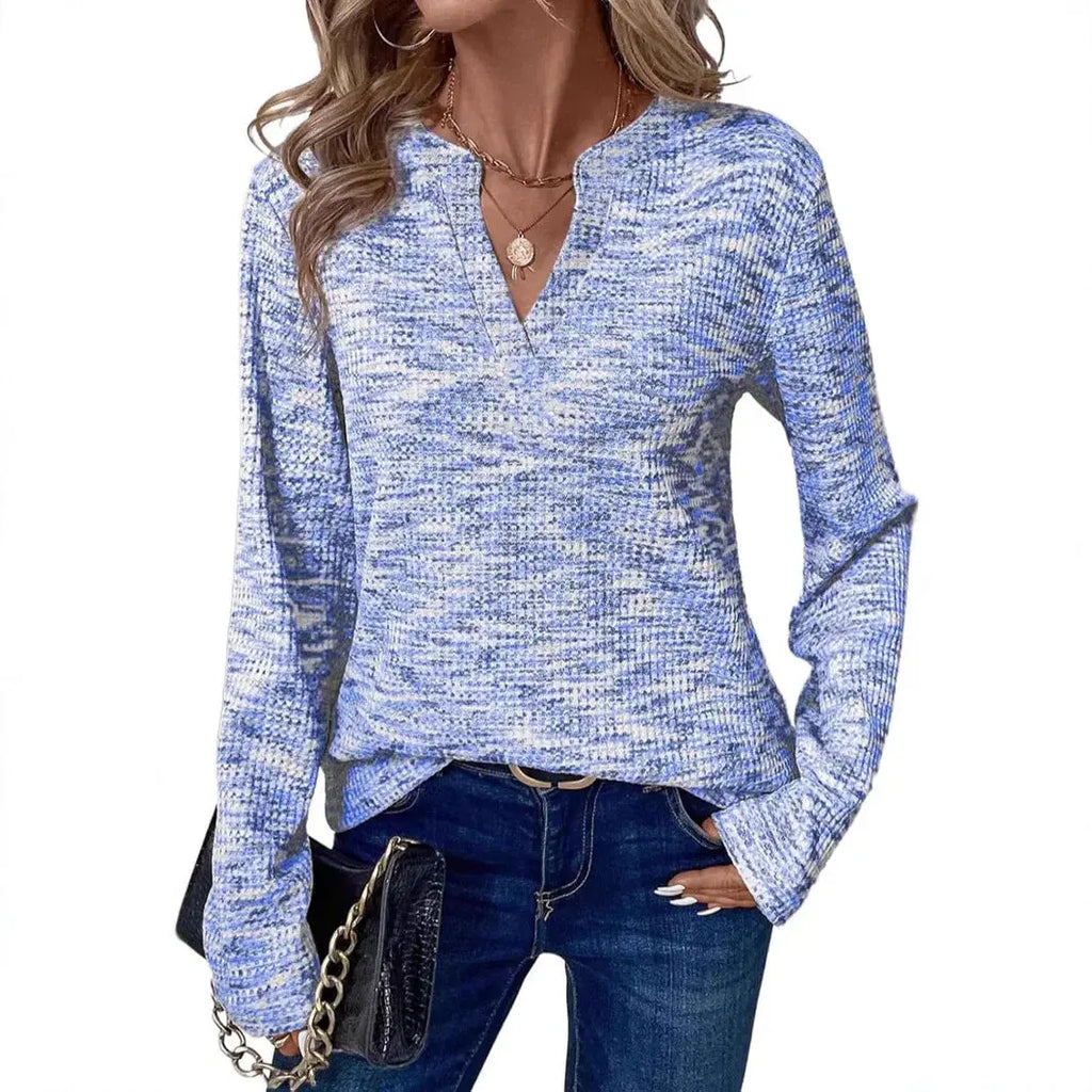 New Womens Notched V-Neck Long Sleeve Space Dye Waffle Knit Blouse Casual Loose Fit Top for Daily Wear Aurexia off